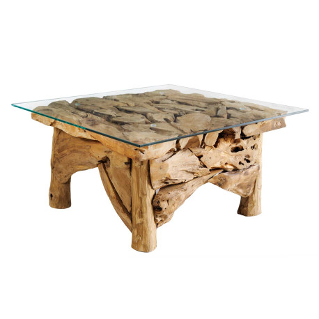 Table basse carrée teck et verre 80 cm