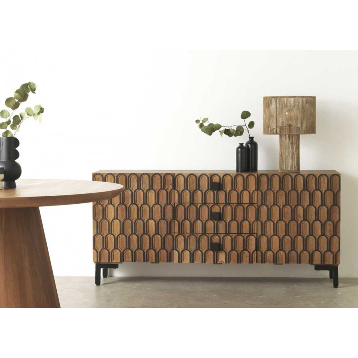 Buffet original 2 portes et 3 tiroirs bois massif 160 cm