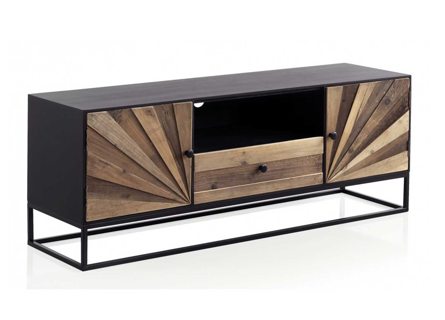 Meuble tv 140 cm noir et façades lames de bois de sapin - Cbc-Meubles