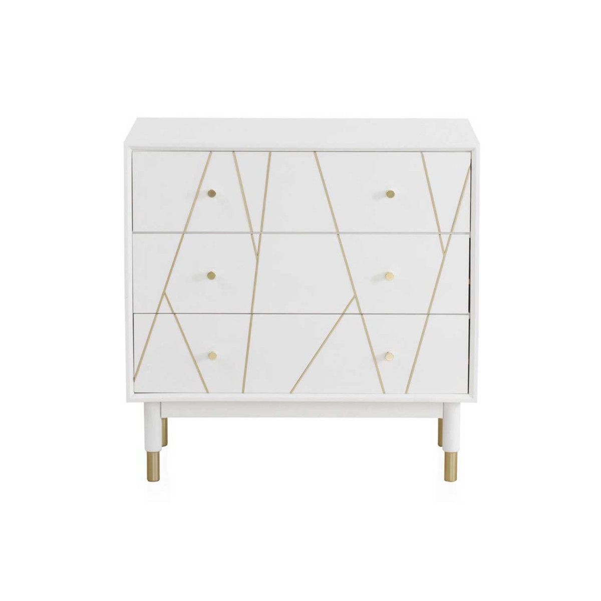 Commode 3 tiroirs blanc laqué mat et doré