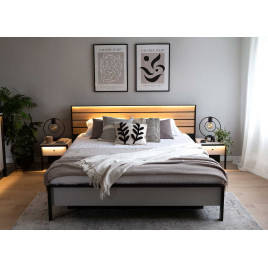 Lit coffre moderne 160 gris et noir avec tête de lit chêne éclairée