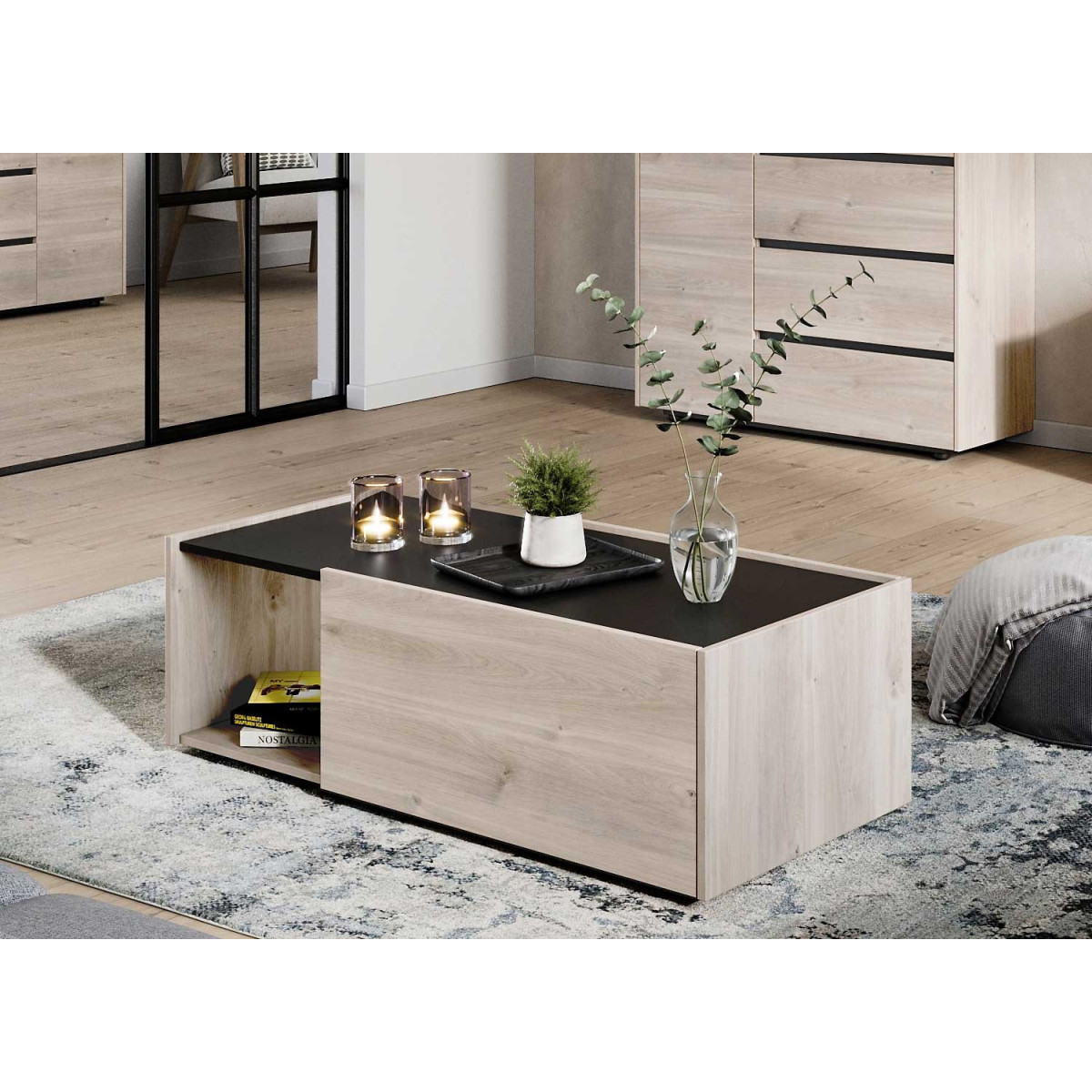 Table basse rectangulaire 2 portes et 1 niche