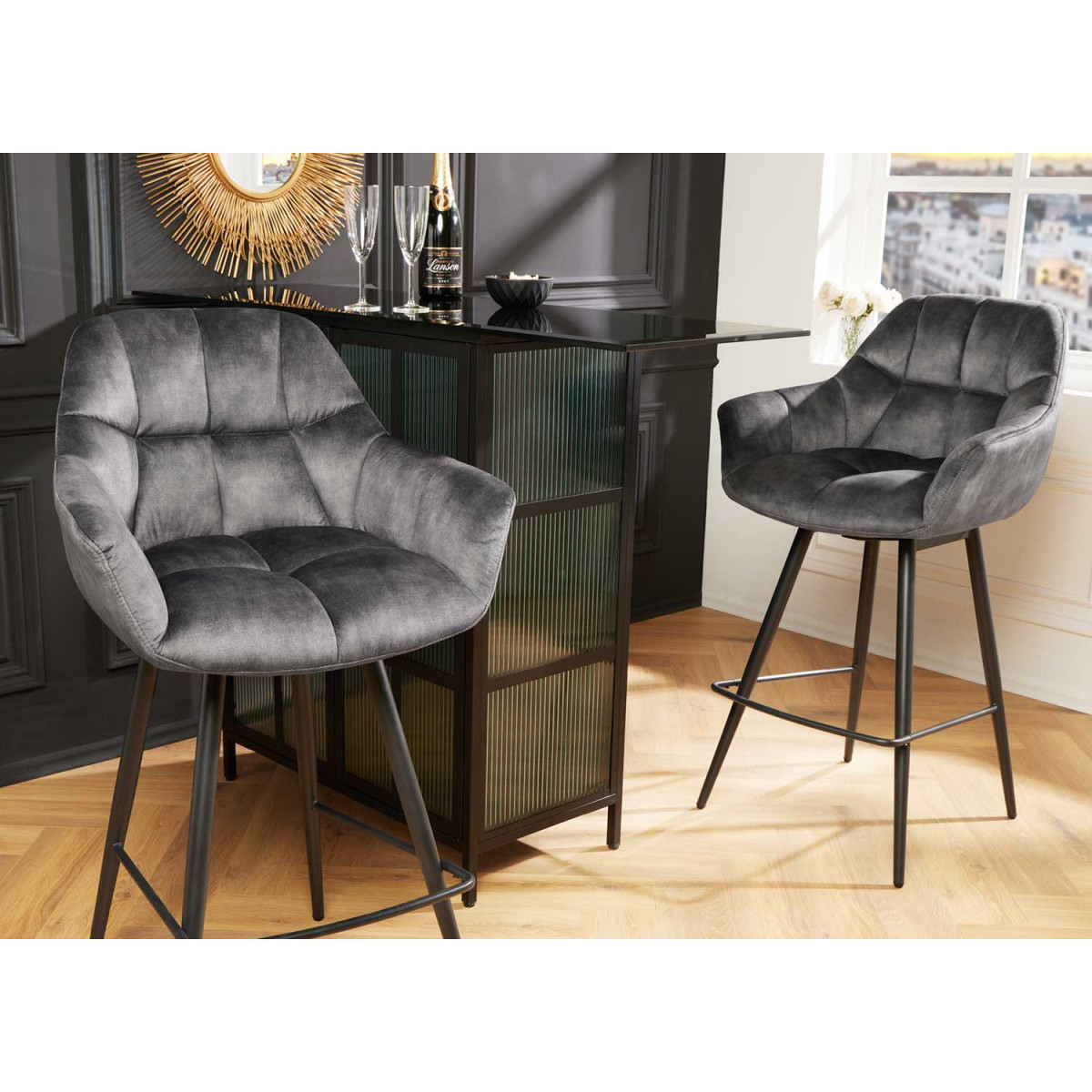 Lot de 2 tabourets de bar papillon velours gris