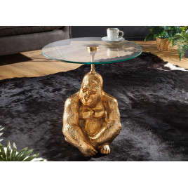 Table d'appoint ronde 45 cm gorille doré et plateau en verre