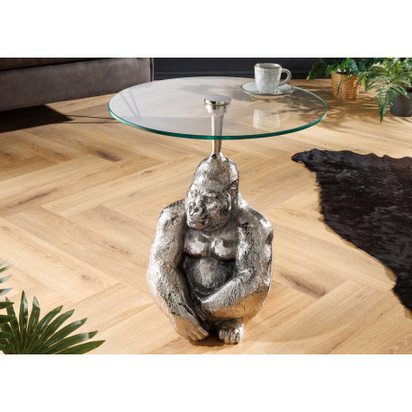 Table d'appoint ronde 45 cm gorille argenté et plateau en verre