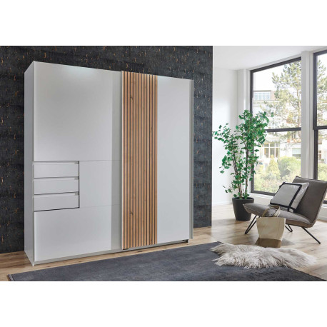 Armoire 2 portes coulissantes et 3 tiroirs 180 cm blanc et chêne