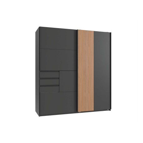 Armoire penderie 2 portes coulissantes et 3 tiroirs 180 cm graphite et chêne