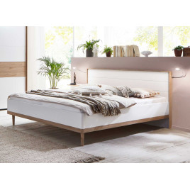 Lit adulte 180x200 cm blanc et chêne avec tête de lit en bois