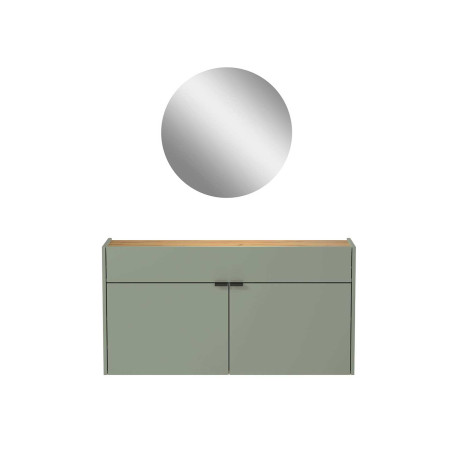 Meuble couloir suspendu vert sauge et chêne avec miroir
