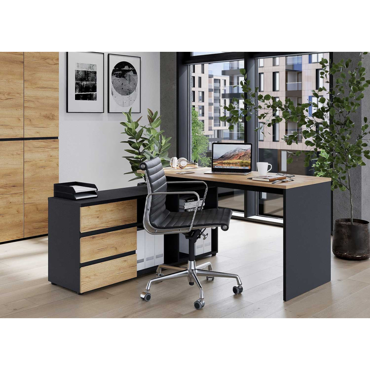 Bureau d'angle réversible avec rangements gris graphite et chêne