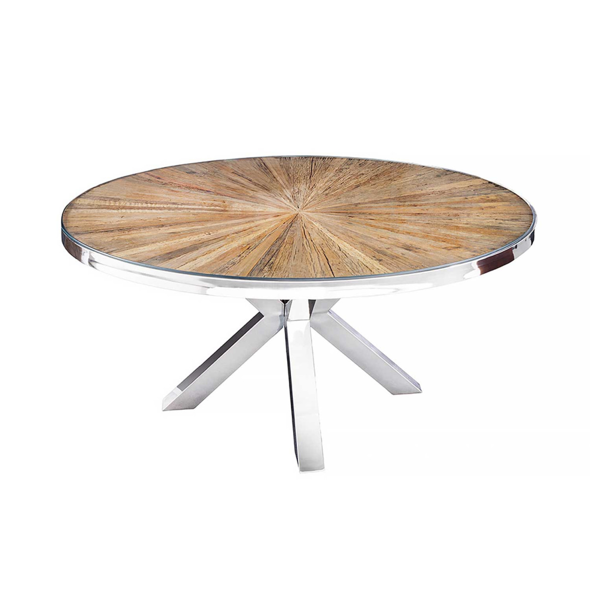 Table à manger ronde 120 cm teck et verre avec pied central chromé