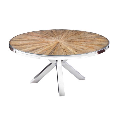 Table à manger ronde 140 cm bois de teck et verre avec pied central chromé
