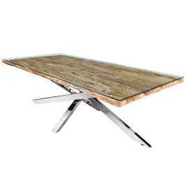 Table à manger rectangulaire 220 cm teck et verre avec pied central chrome