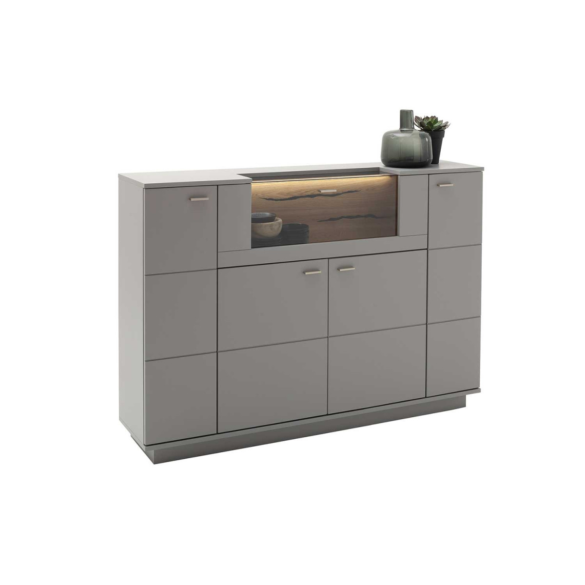 Buffet haut design gris 4 portes et 1 porte abattante en verre