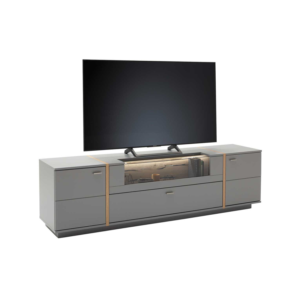 Meuble tv moderne gris et chêne 3 portes et 1 tiroir 216 cm