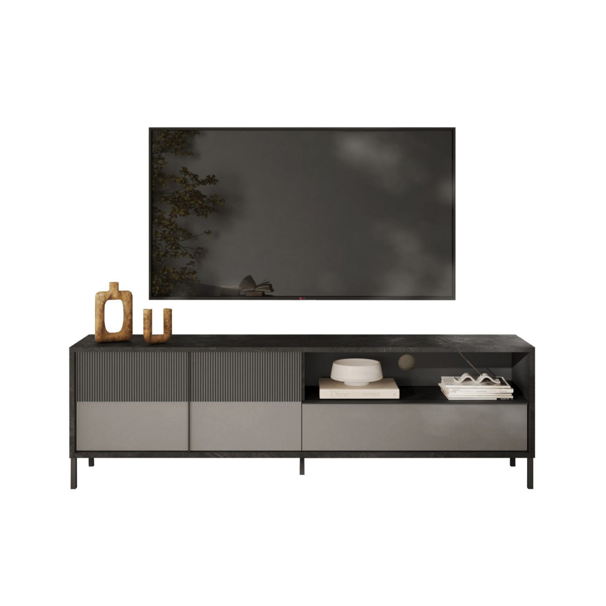 Long meuble TV 206 cm 2 portes sérigraphiées et 1 tiroir gris