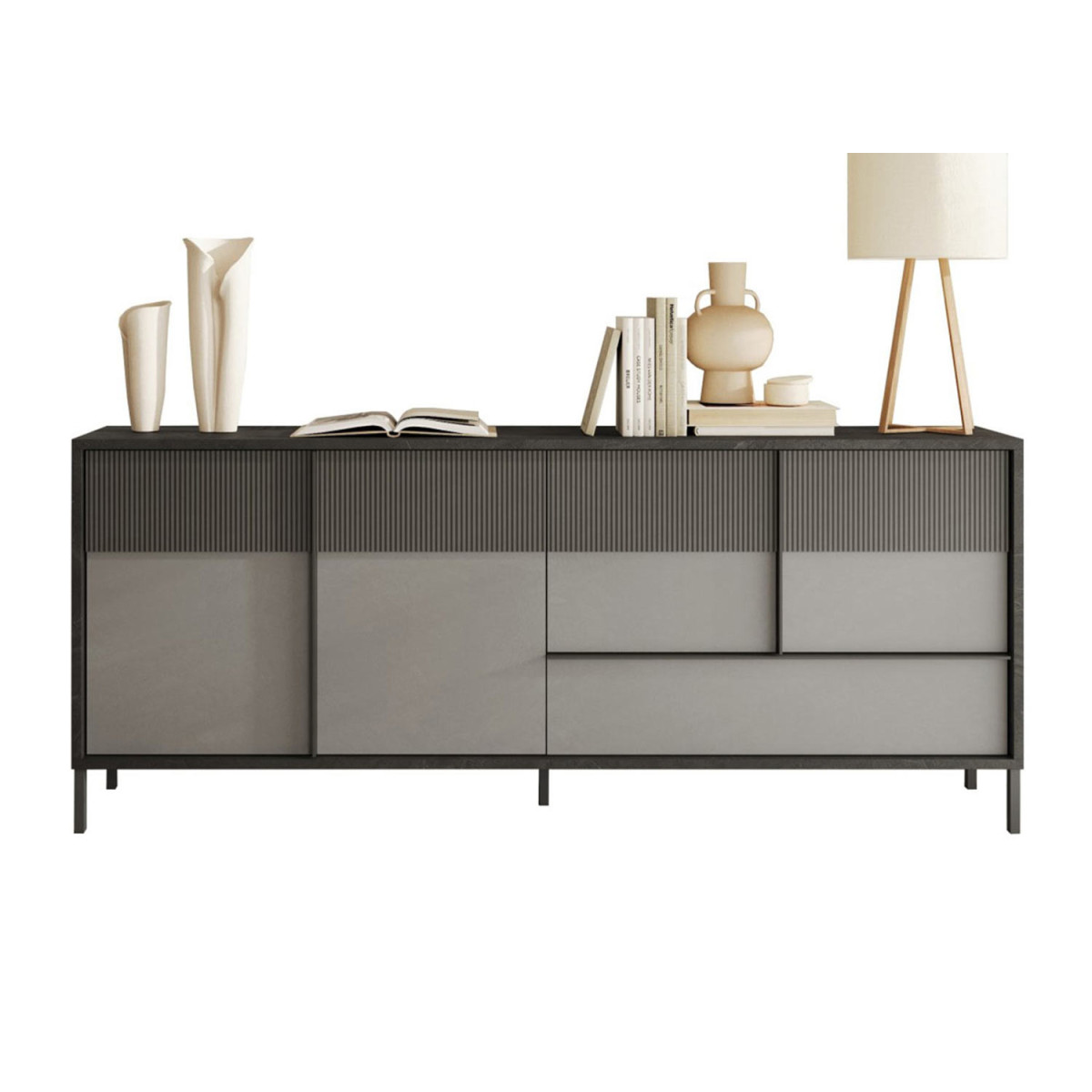 Long buffet gris 4 portes et 1 tiroir 206 cm