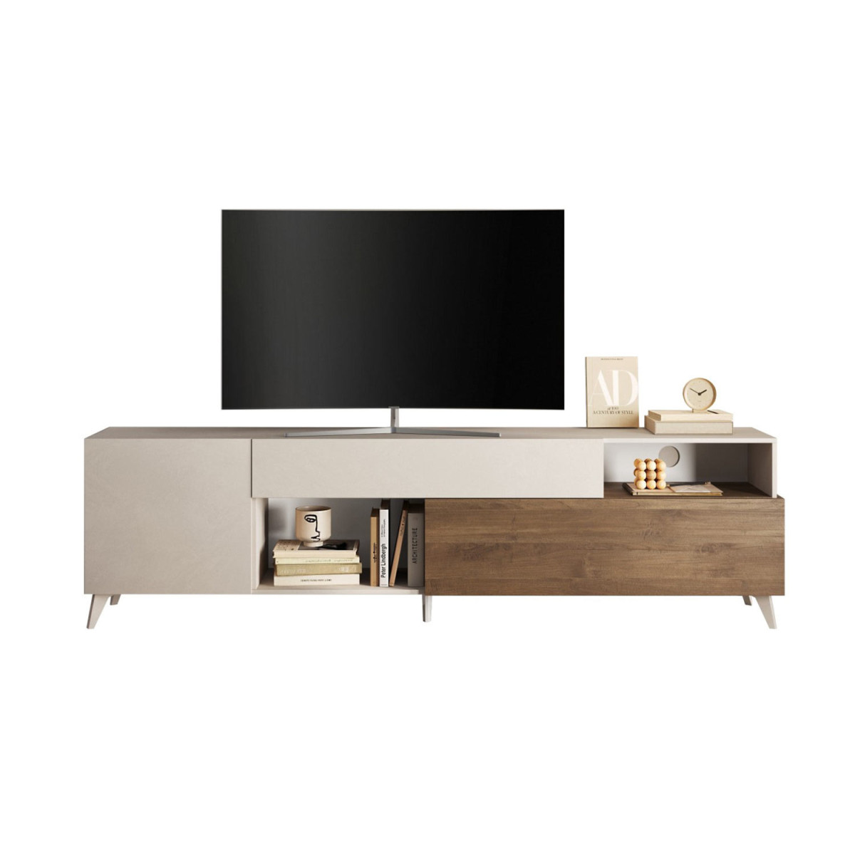 Meuble télé contemporain 2m41 cashmere et chêne foncé