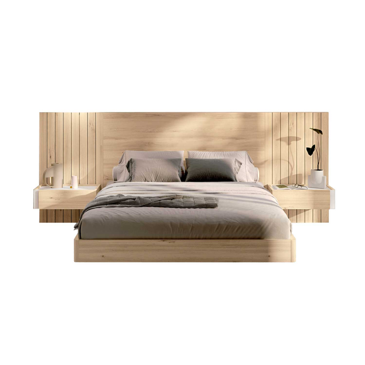 Lit moderne 180 en bois avec chevets suspendus Yuna