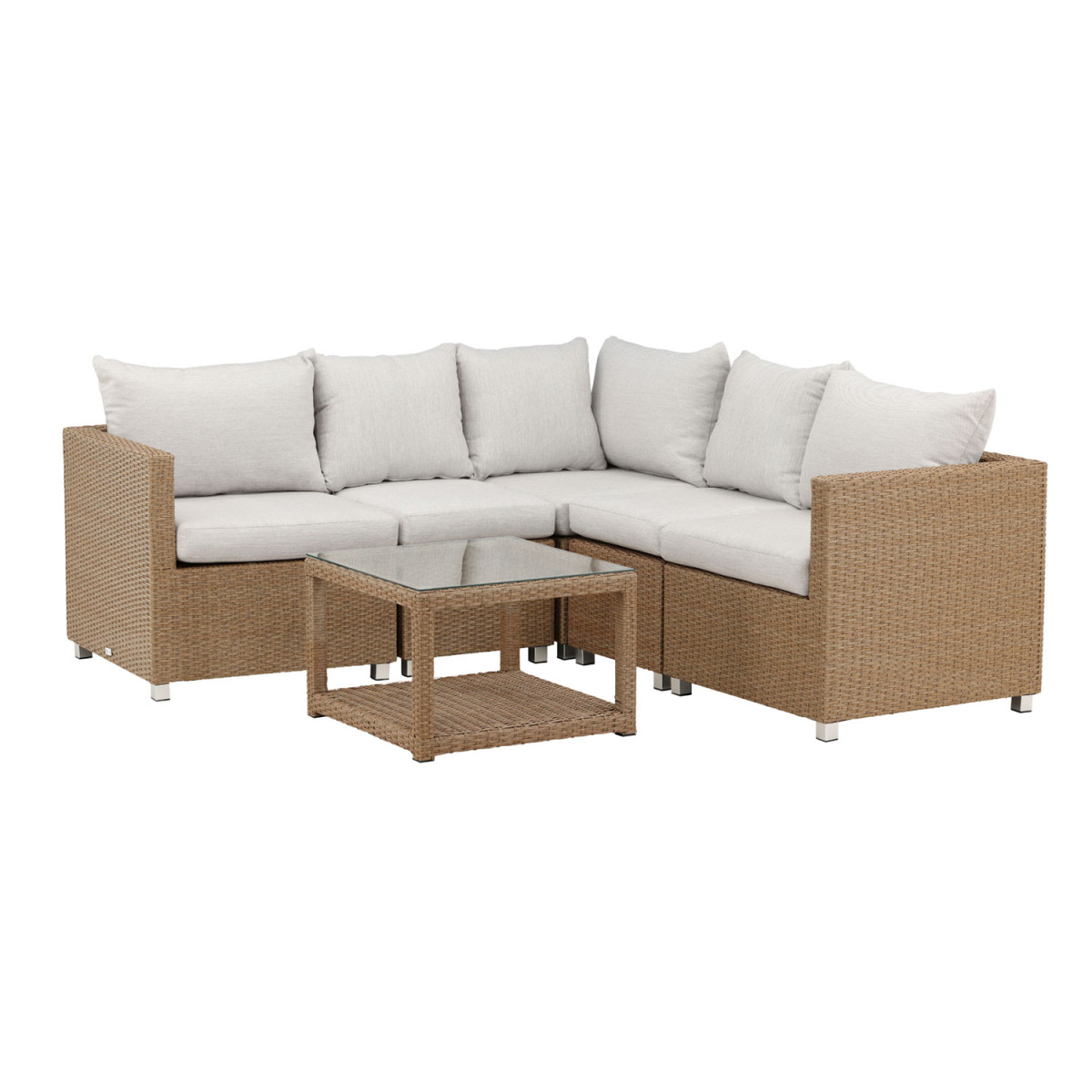 Salon d'angle de jardin 4 places rotin synthétique et coussins blanc VAMOS