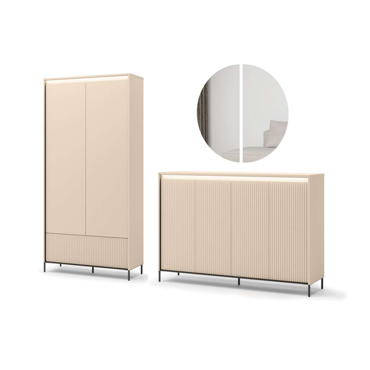 Meubles d'entrée armoire, commode et miroir beige et noir Trend