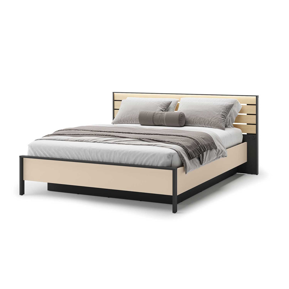 Lit coffre 160 avec tête de lit LED beige, noir et chêne Natura