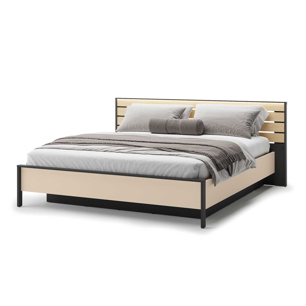 Lit coffre 180x200 cm avec tête de lit LED beige, noir et chêne Natura