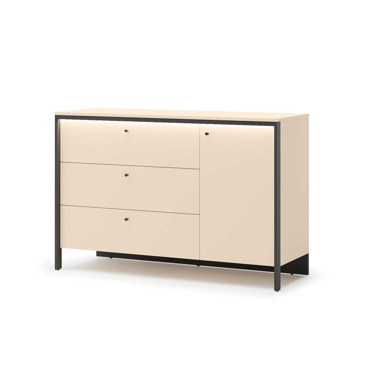 Commode 3 tiroirs et 1 porte beige et noir à LED Natura