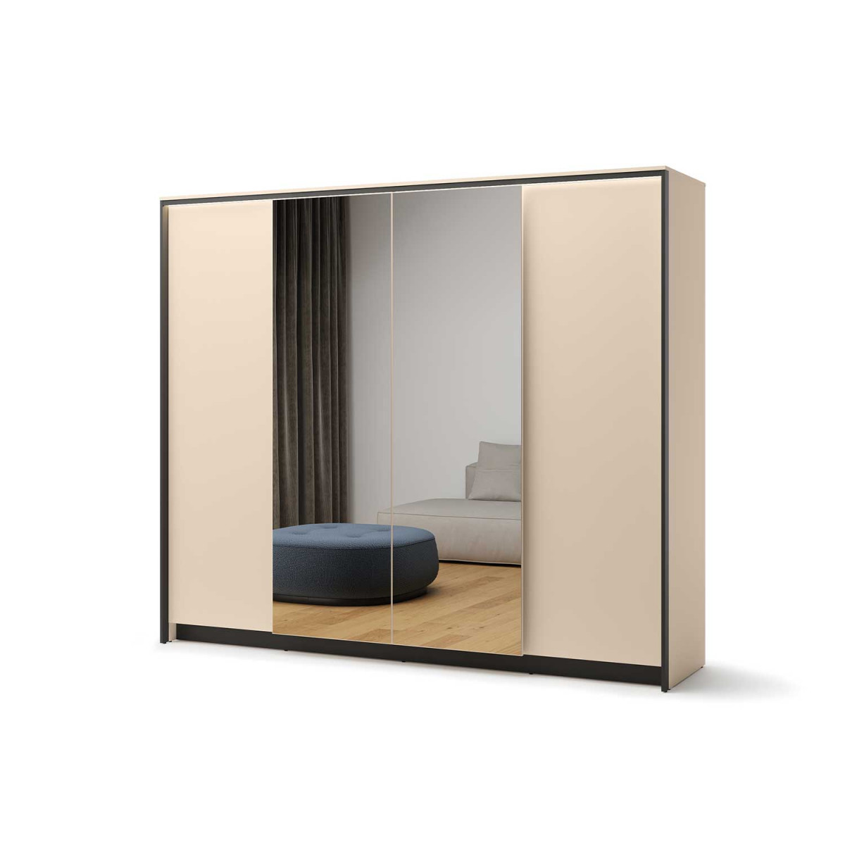 Armoire 4 portes avec miroir beige et noir Natura