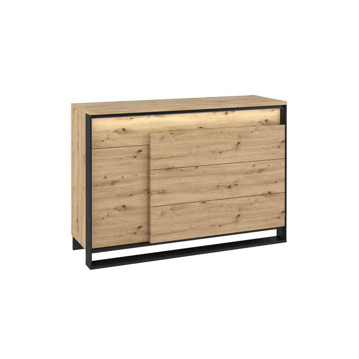 Commode 1 porte et 4 tiroirs à LED chêne artisan et noir Edge