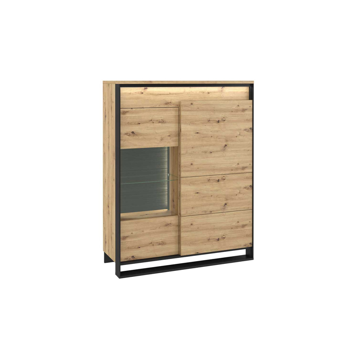 Vitrine basse 140 cm 2 portes à LED chêne artisan et noir Edge