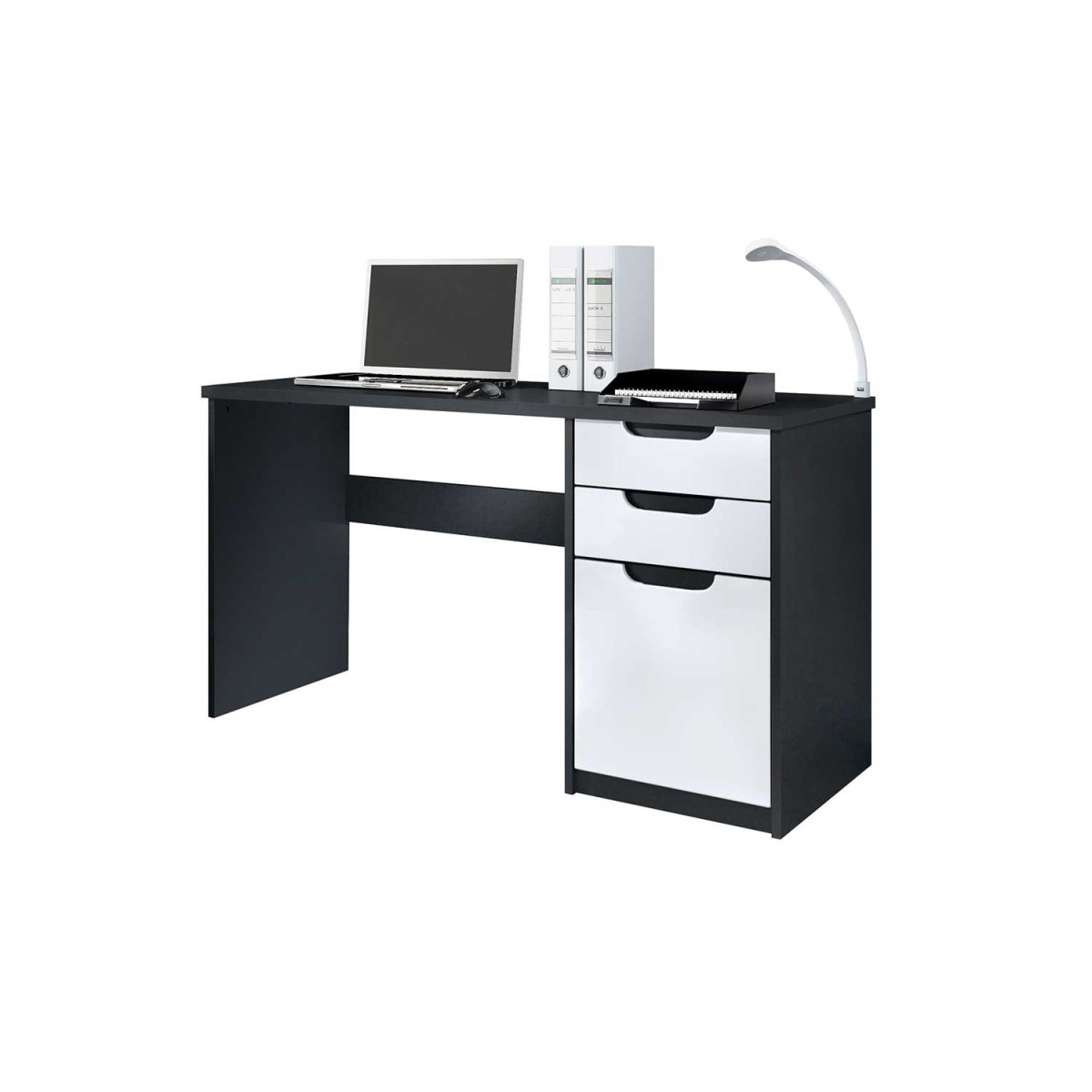 Bureau 2 tiroirs et 1 porte blanc et noir Izia