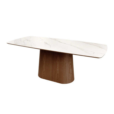 Table ovale céramique blanc et pied central noyer Calista