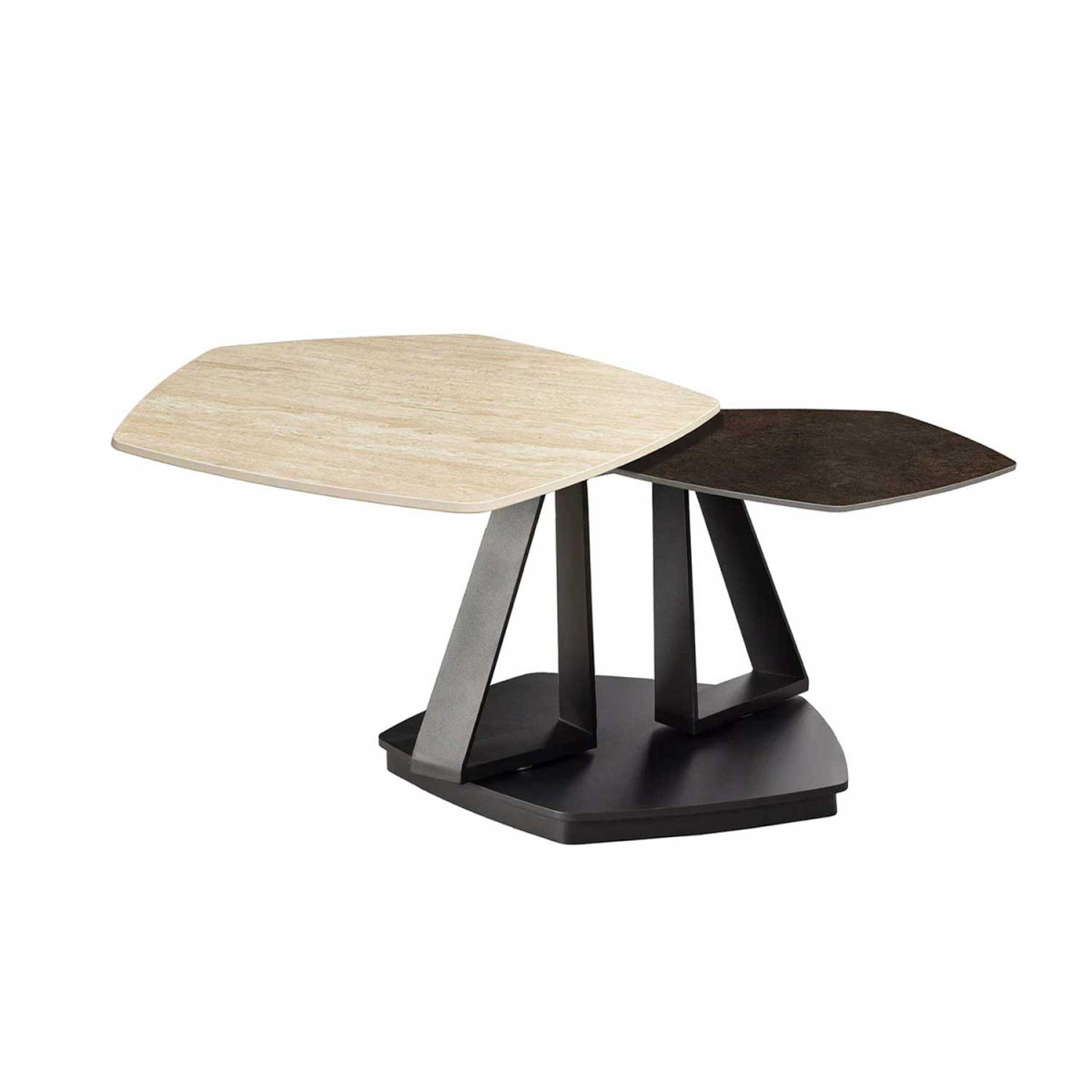 Table basse plateaux rotatifs aspect travertin Kaelis