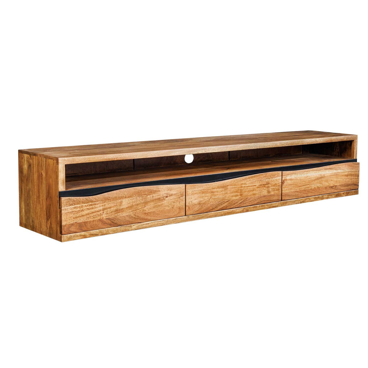 Meuble TV suspendu en acacia 3 tiroirs 160 cm Aeris