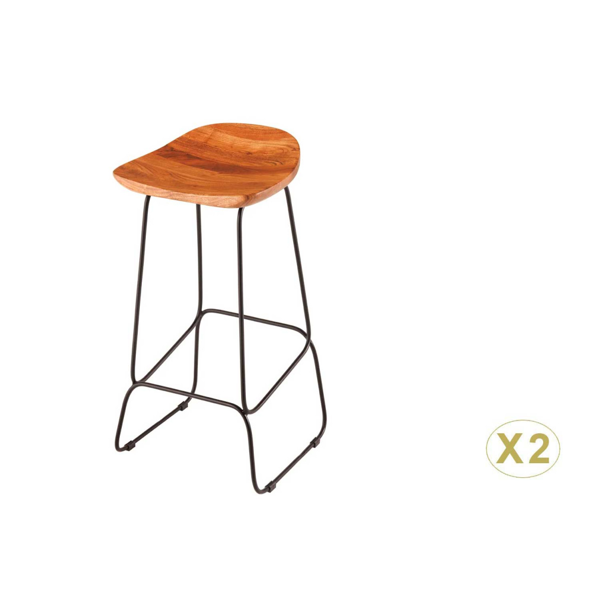 Lot de 2 tabourets de bar en acacia et métal Nivor