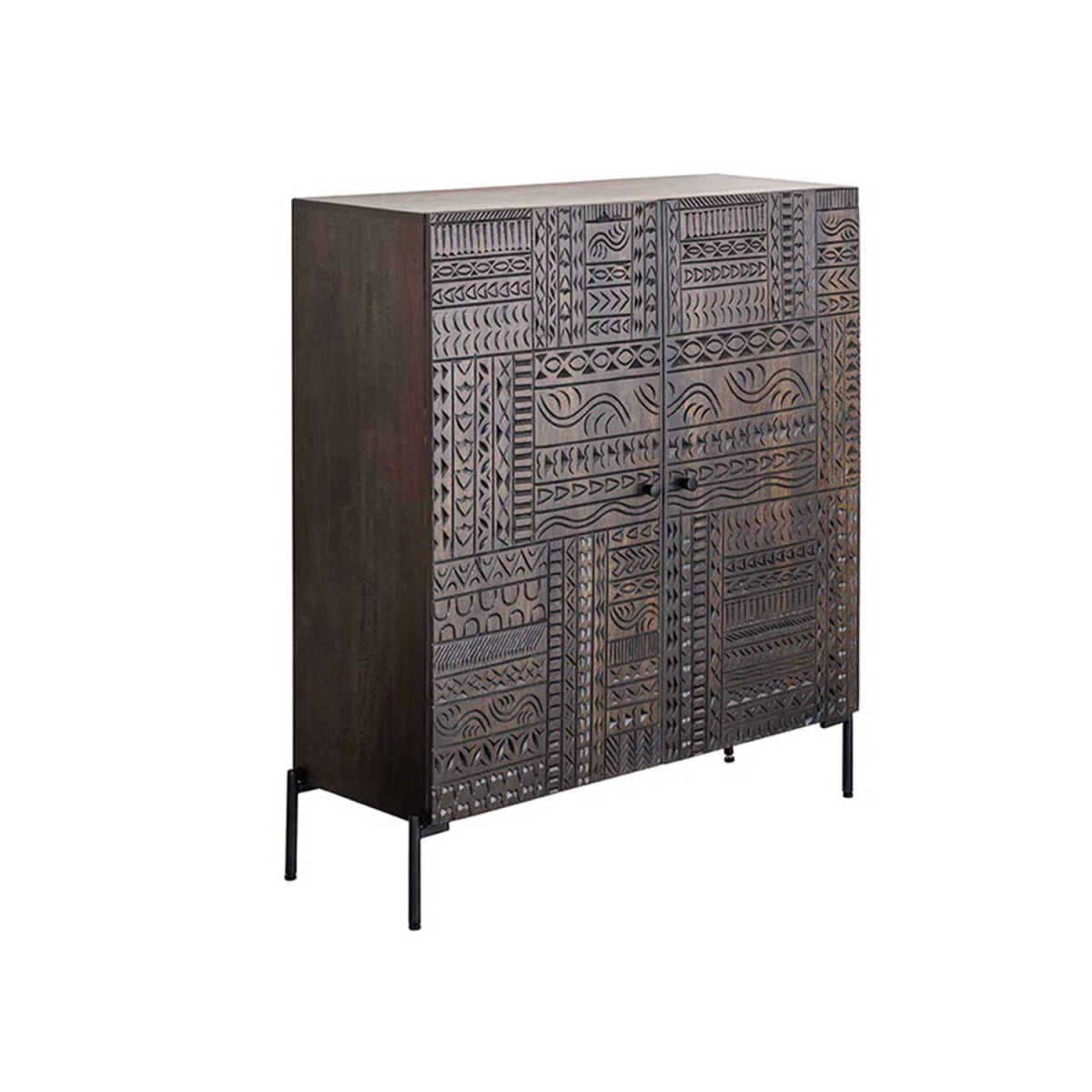 Buffet haut 2 portes en manguier marron foncé sculpté Tribal