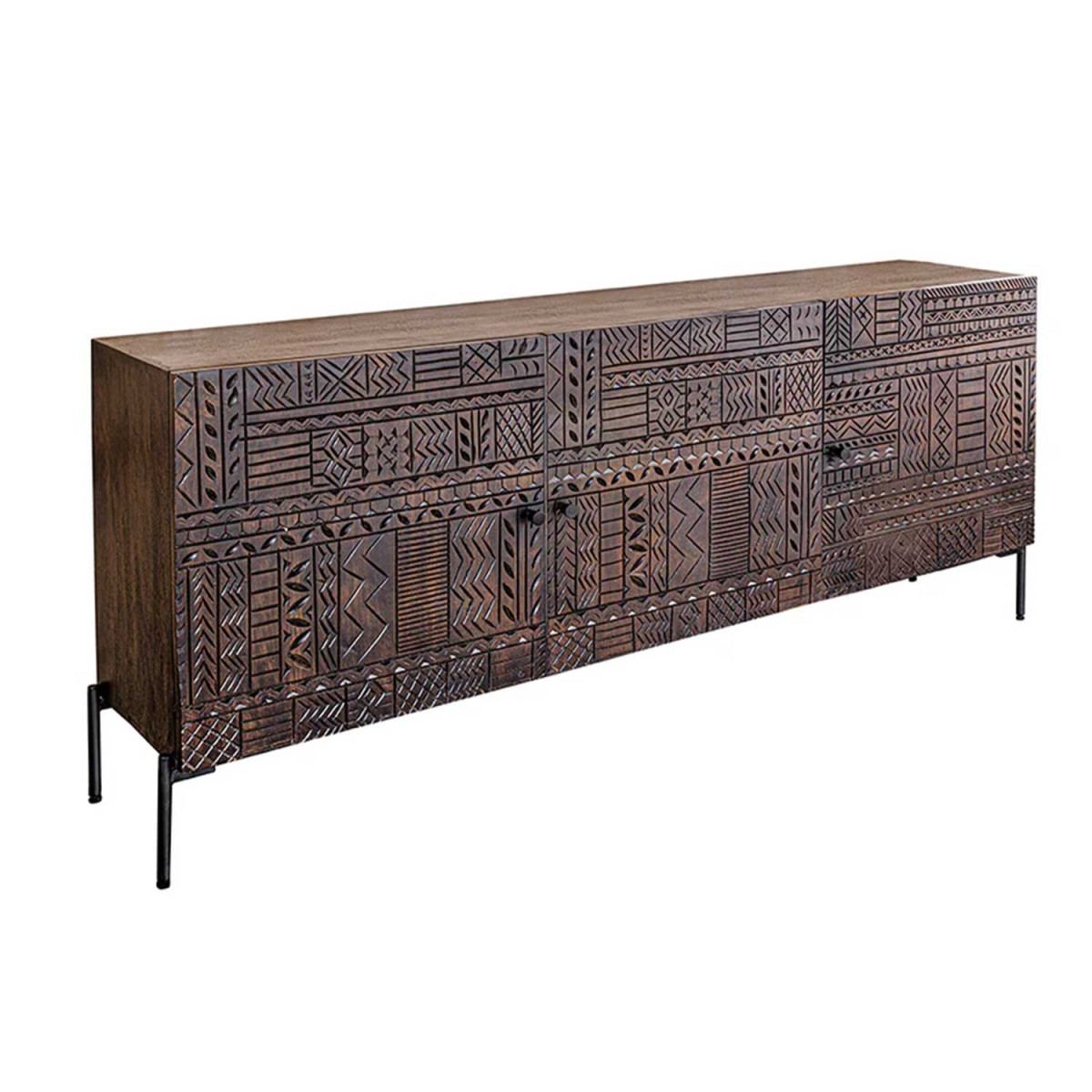 Meuble buffet 3 portes en manguier marron foncé sculpté Tribal