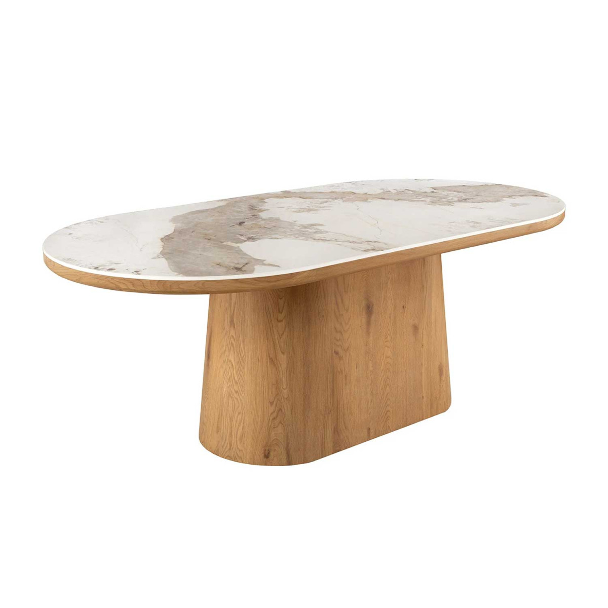 Table à manger ovale 200 cm céramique marbre blanc et bois Calista