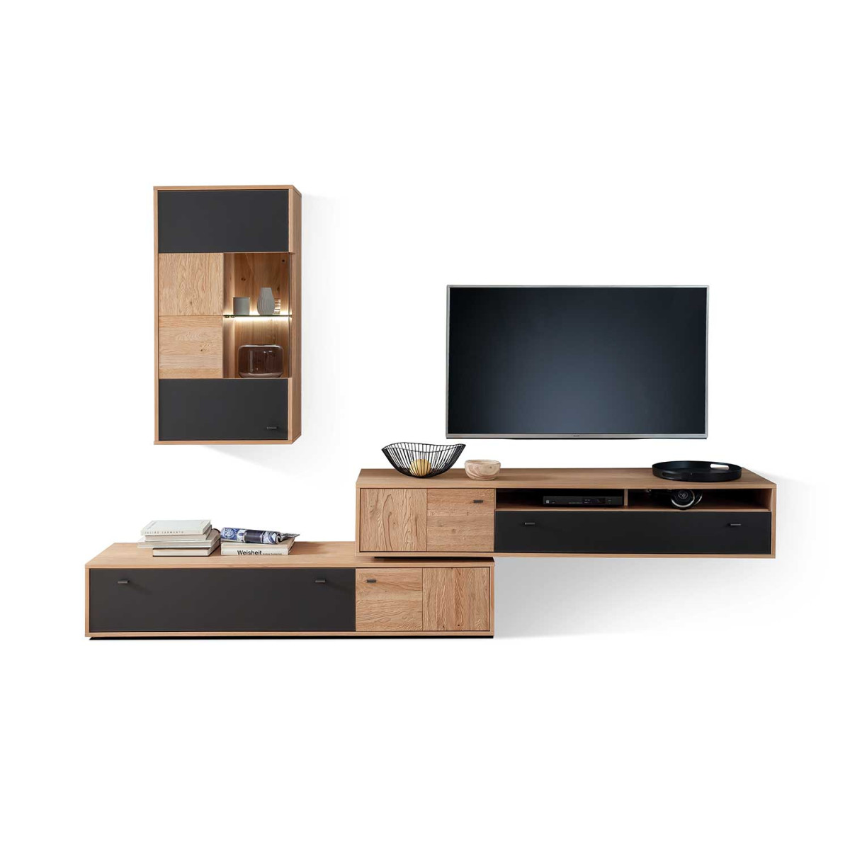 Ensemble TV moderne chêne bianco et verre anthracite VALENCIA