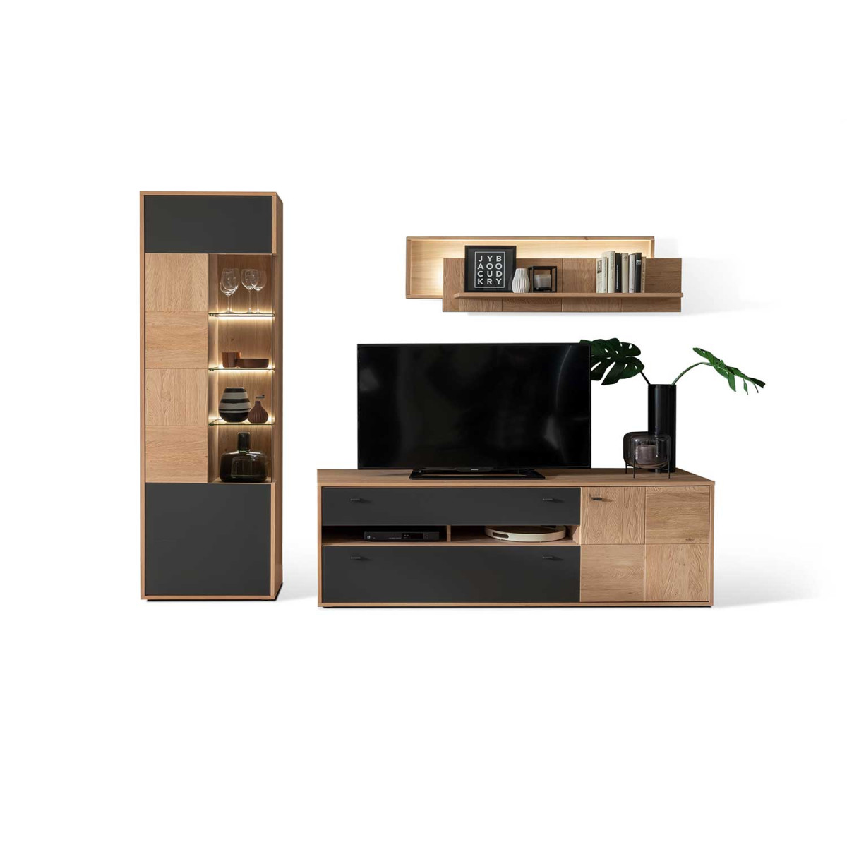 Ensemble meuble TV moderne chêne bianco et verre anthracite VALENCIA