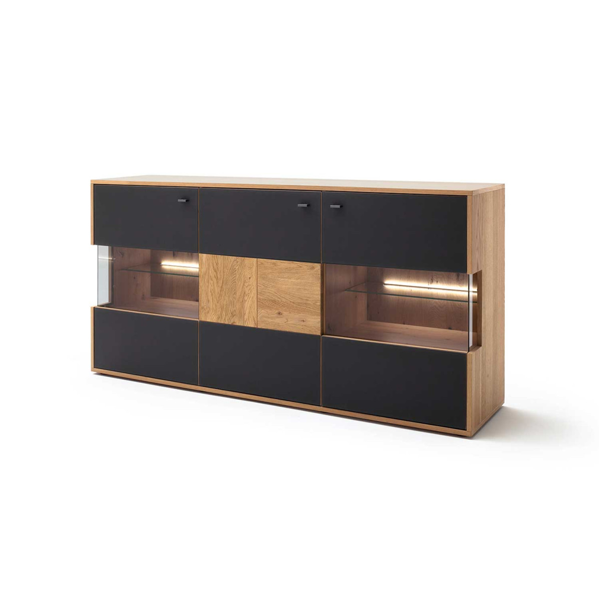 Buffet moderne 3 portes chêne bianco et verre anthracite VALENCIA