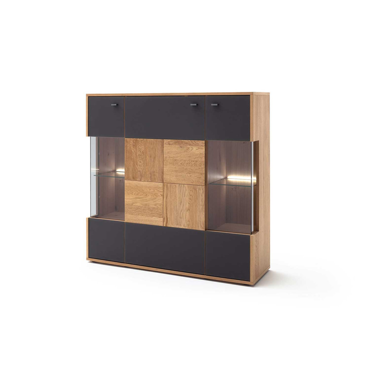 Buffet haut moderne 3 portes chêne bianco et verre anthracite VALENCIA