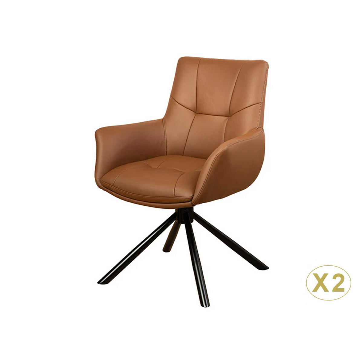 Lot de 2 chaises pivotantes en cuir véritable cognac Bridget