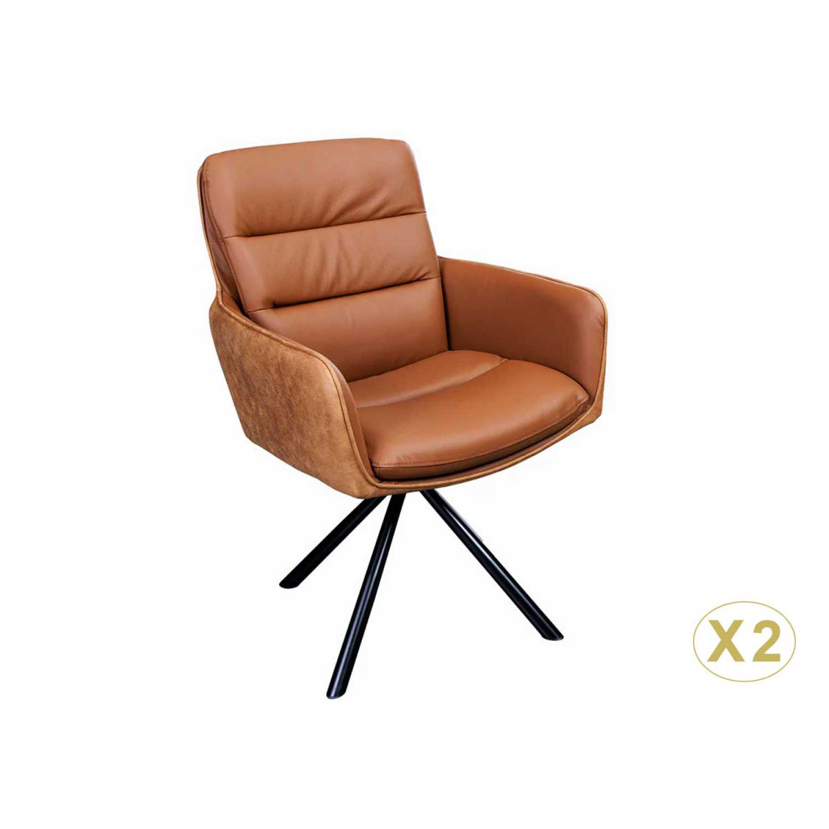 Lot-de-2-chaises-avec-accoudoirs-en-cuir-et-tissu-marron