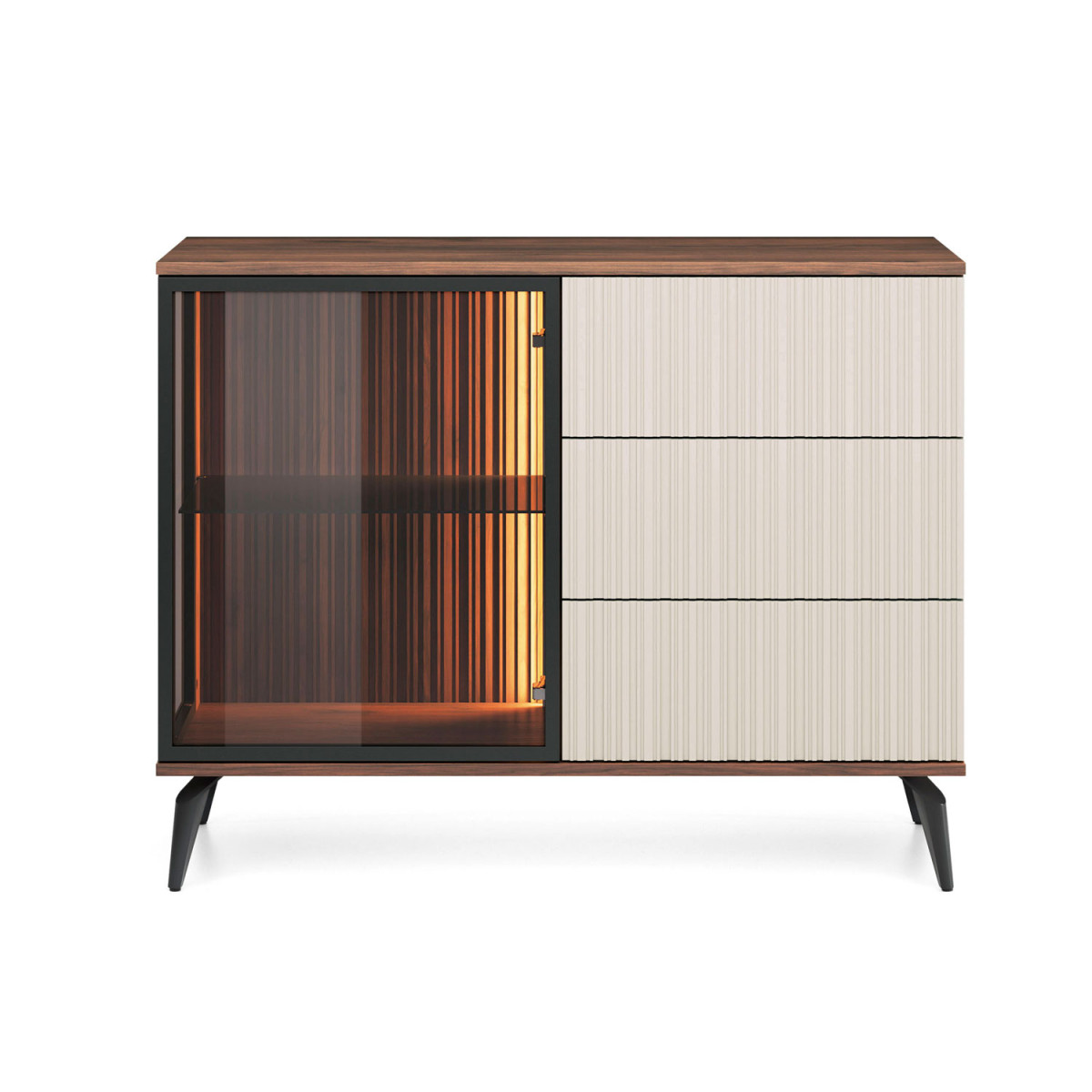 Commode moderne verre et bois noyer et cachemire à LED Vici