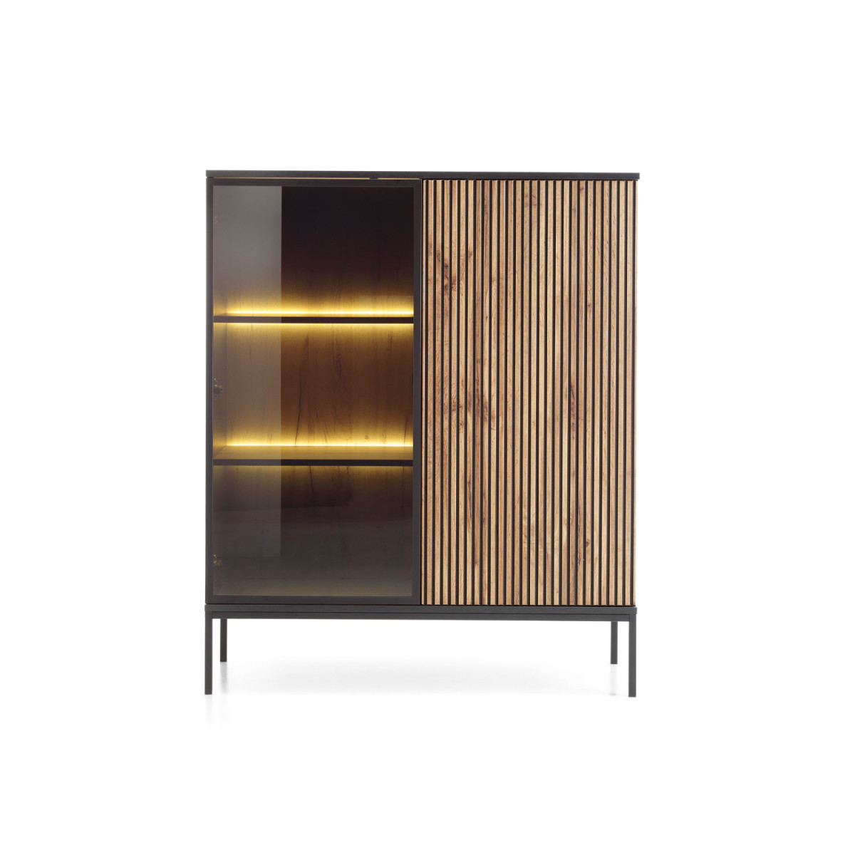 Meuble vitrine 2 portes verre et bois à LED Sento