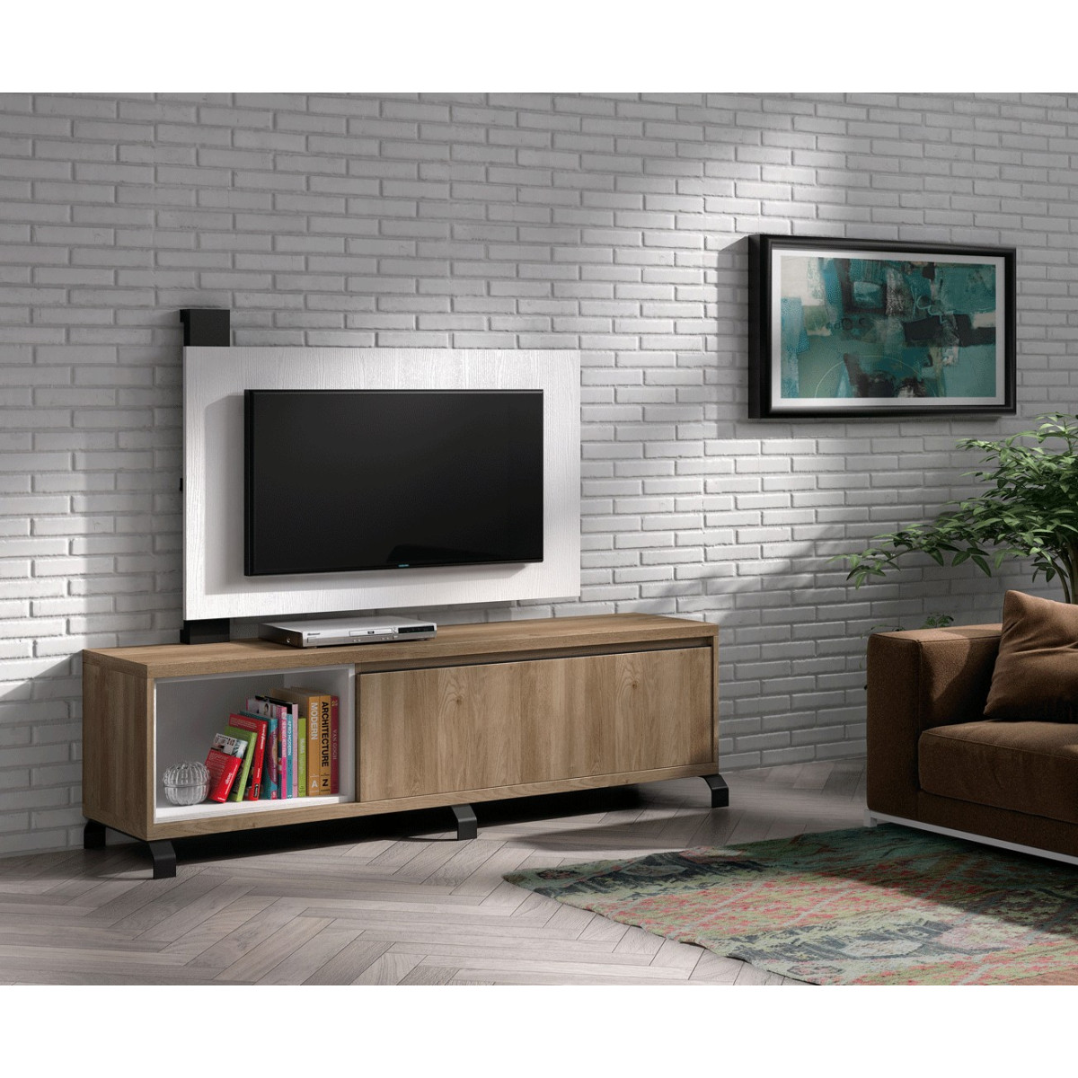 Meuble TV design acacia et panneau TV blanc nora K40
