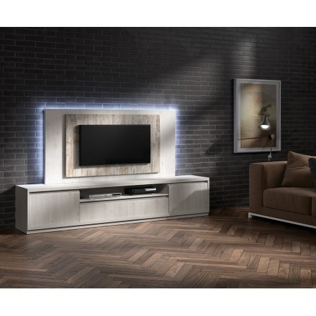 Meuble TV avec panneau TV frêne et bois vieilli NORA K42