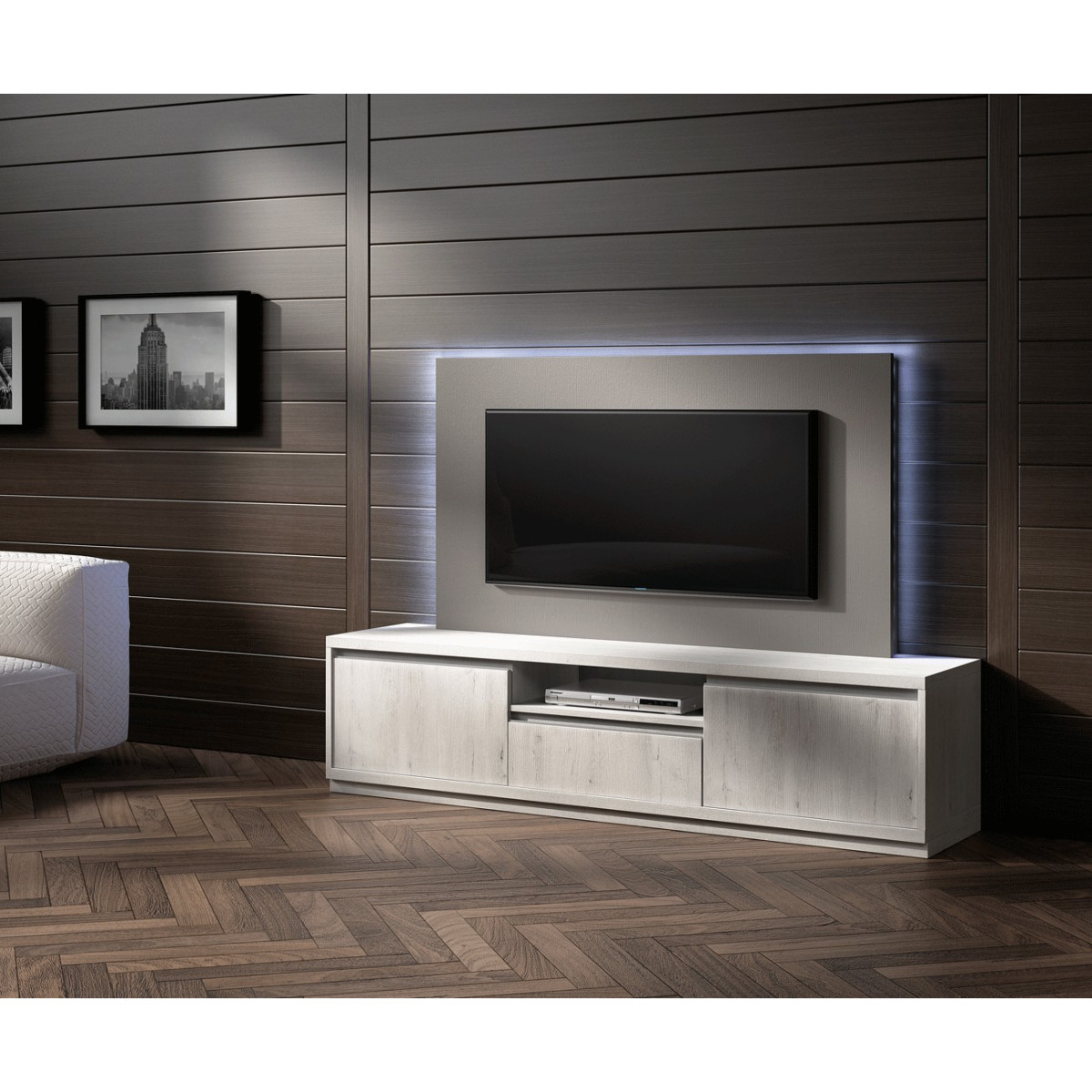 Meuble TV Design frêne et panneau TV gris NORA K44